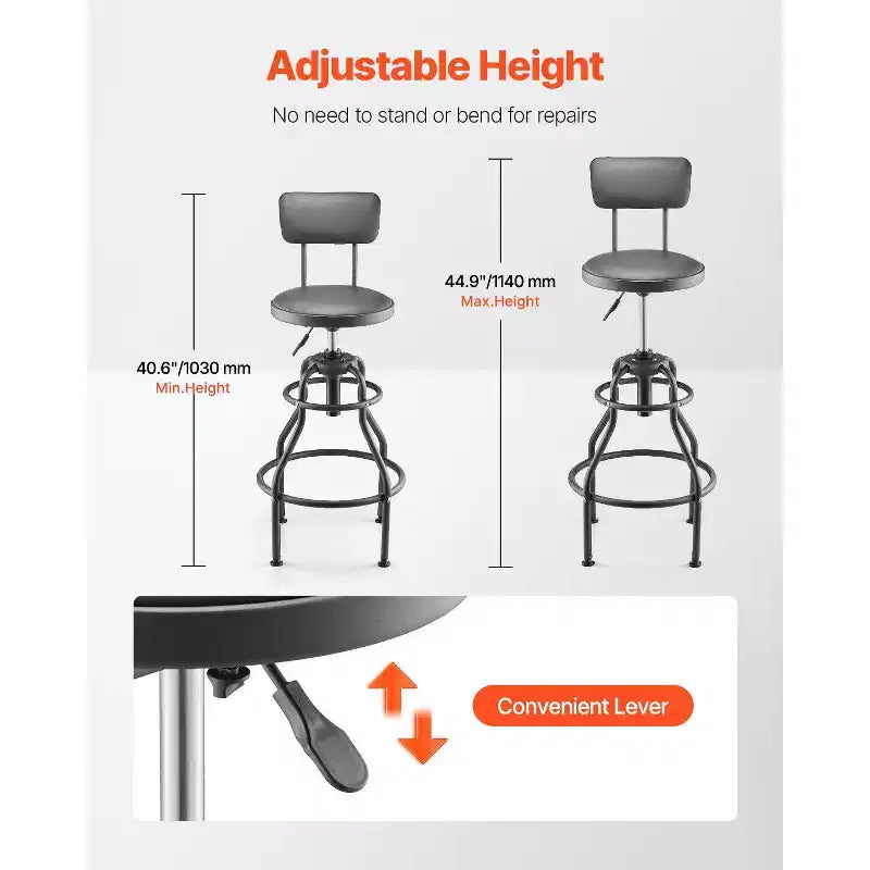 Sgabello da officina regolabile con schienale, altezza pneumatica, capacità 136 kg