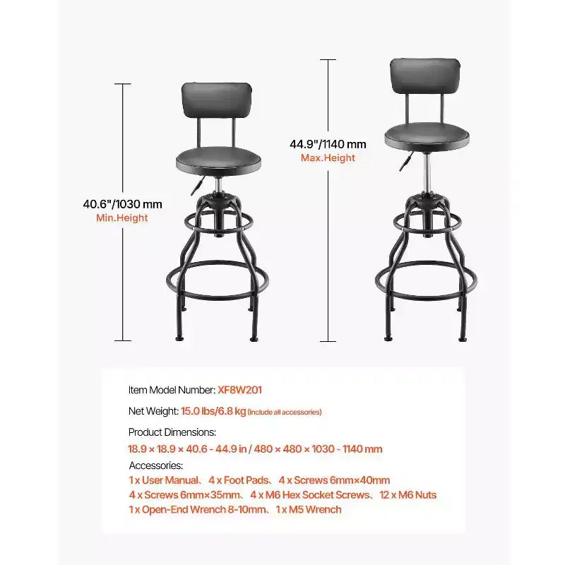 Sgabello da officina regolabile con schienale, altezza pneumatica, capacità 136 kg