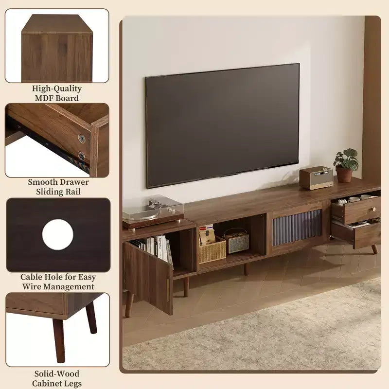 Mobile TV da 76" per televisori fino a 85 pollici, mobile TV moderno e minimale con ante in vetro e ante con armadietti, centro di intrattenimento effetto legno