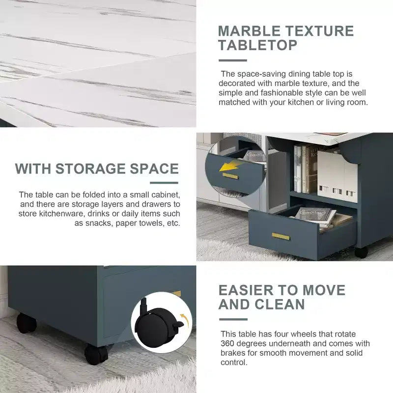 MAYEERTY Tavolo da Cucina Pieghevole, Tavolo da Pranzo con Rotelle a Effetto Marmo, con Cassetto e Ripiano Contenitore, Tavolo Salvaspazio Multiuso