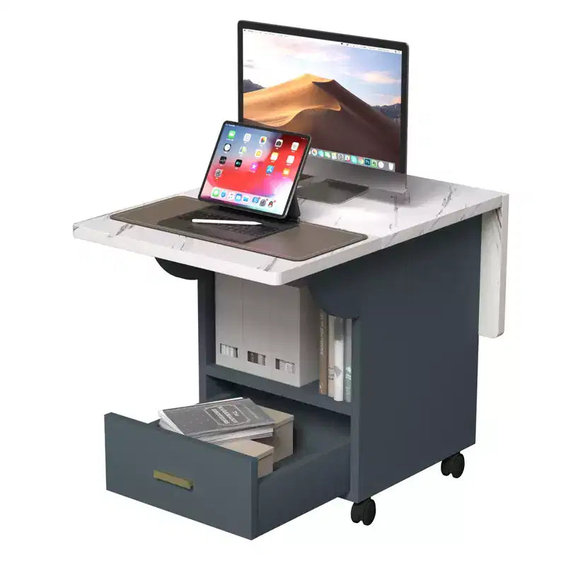 MAYEERTY Tavolo da Cucina Pieghevole, Tavolo da Pranzo con Rotelle a Effetto Marmo, con Cassetto e Ripiano Contenitore, Tavolo Salvaspazio Multiuso