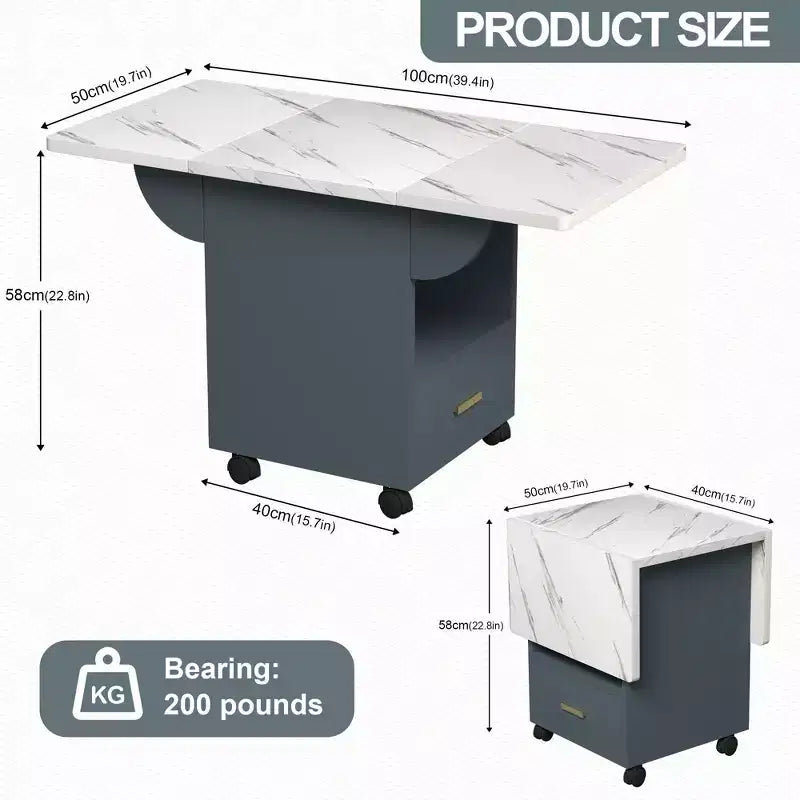 MAYEERTY Tavolo da Cucina Pieghevole, Tavolo da Pranzo con Rotelle a Effetto Marmo, con Cassetto e Ripiano Contenitore, Tavolo Salvaspazio Multiuso