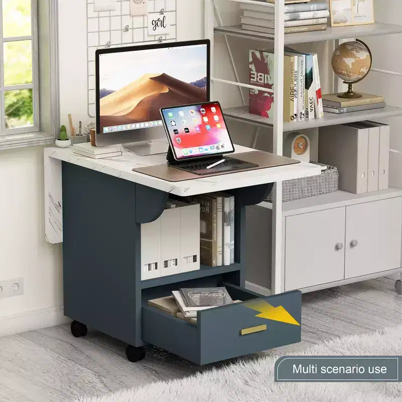 MAYEERTY Tavolo da Cucina Pieghevole, Tavolo da Pranzo con Rotelle a Effetto Marmo, con Cassetto e Ripiano Contenitore, Tavolo Salvaspazio Multiuso