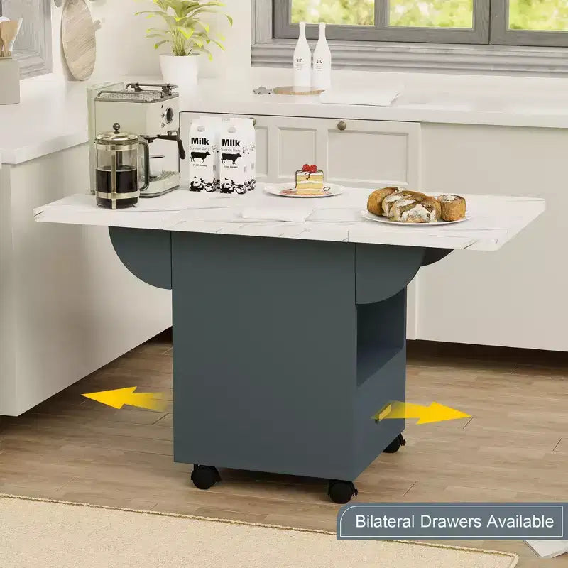 MAYEERTY Tavolo da Cucina Pieghevole, Tavolo da Pranzo con Rotelle a Effetto Marmo, con Cassetto e Ripiano Contenitore, Tavolo Salvaspazio Multiuso