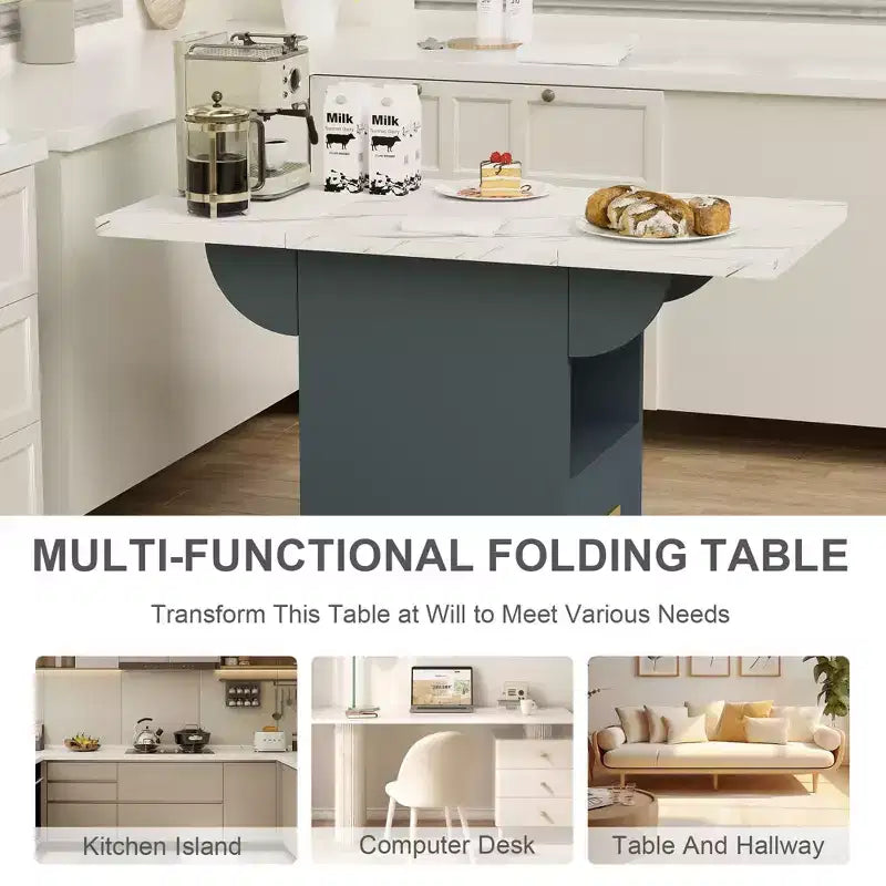 MAYEERTY Tavolo da Cucina Pieghevole, Tavolo da Pranzo con Rotelle a Effetto Marmo, con Cassetto e Ripiano Contenitore, Tavolo Salvaspazio Multiuso
