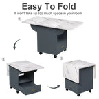 MAYEERTY Tavolo da Cucina Pieghevole, Tavolo da Pranzo con Rotelle a Effetto Marmo, con Cassetto e Ripiano Contenitore, Tavolo Salvaspazio Multiuso