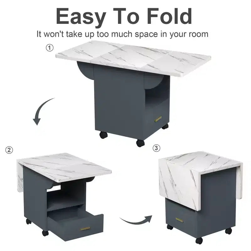 MAYEERTY Tavolo da Cucina Pieghevole, Tavolo da Pranzo con Rotelle a Effetto Marmo, con Cassetto e Ripiano Contenitore, Tavolo Salvaspazio Multiuso
