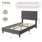 Struttura Letto Singolo con Testiera Regolabile, Letto a Piattaforma Rivestito in Lino con Supporto a Doghe in Legno, Nessuna Rete a Molle Necessaria, Facile Montaggio, Grigio