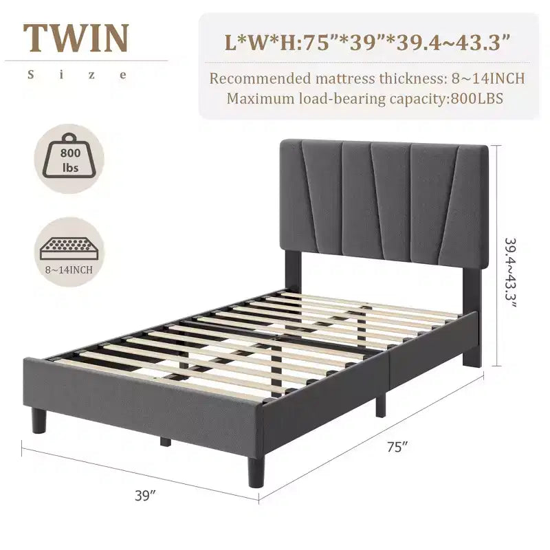 Struttura Letto Singolo con Testiera Regolabile, Letto a Piattaforma Rivestito in Lino con Supporto a Doghe in Legno, Nessuna Rete a Molle Necessaria, Facile Montaggio, Grigio