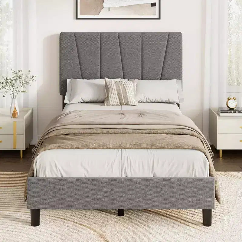 Struttura Letto Singolo con Testiera Regolabile, Letto a Piattaforma Rivestito in Lino con Supporto a Doghe in Legno, Nessuna Rete a Molle Necessaria, Facile Montaggio, Grigio