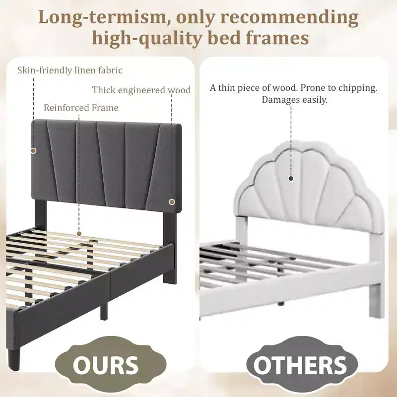 Struttura Letto Singolo con Testiera Regolabile, Letto a Piattaforma Rivestito in Lino con Supporto a Doghe in Legno, Nessuna Rete a Molle Necessaria, Facile Montaggio, Grigio