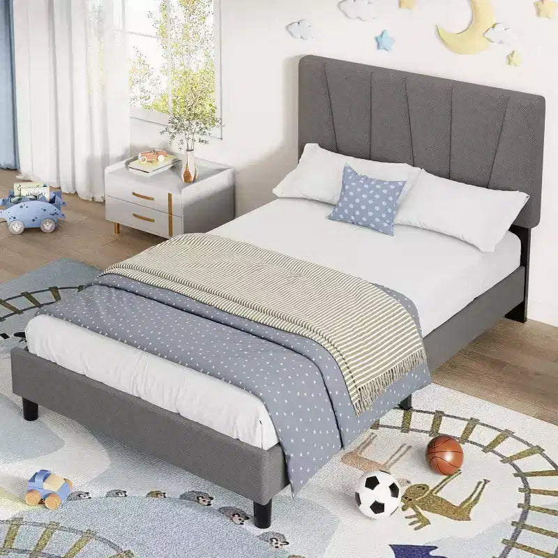 Struttura Letto Singolo con Testiera Regolabile, Letto a Piattaforma Rivestito in Lino con Supporto a Doghe in Legno, Nessuna Rete a Molle Necessaria, Facile Montaggio, Grigio