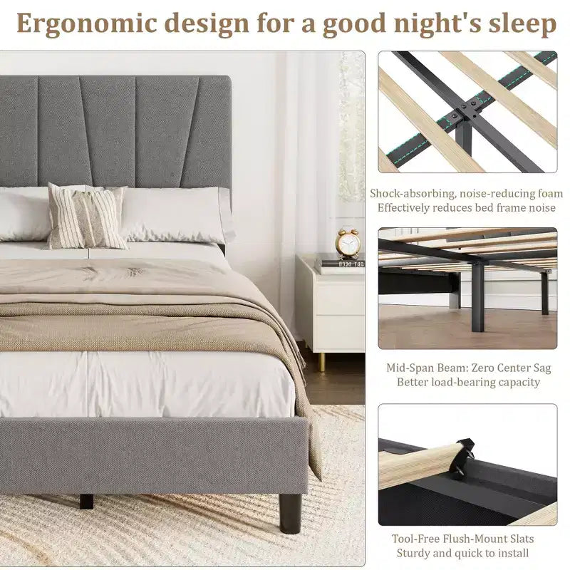 Struttura Letto Singolo con Testiera Regolabile, Letto a Piattaforma Rivestito in Lino con Supporto a Doghe in Legno, Nessuna Rete a Molle Necessaria, Facile Montaggio, Grigio