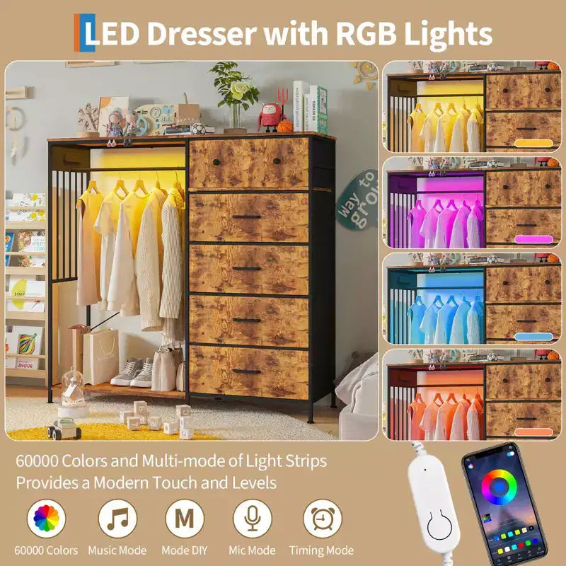 Comò a 6 cassetti con appendiabiti, Comò con stazione di ricarica e luci a LED, Comò per bambini con scarpiera, Cassettiera per camera da letto