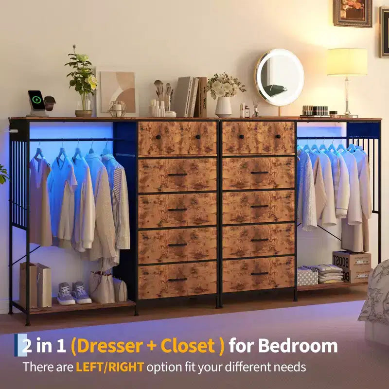 Comò a 6 cassetti con appendiabiti, Comò con stazione di ricarica e luci a LED, Comò per bambini con scarpiera, Cassettiera per camera da letto