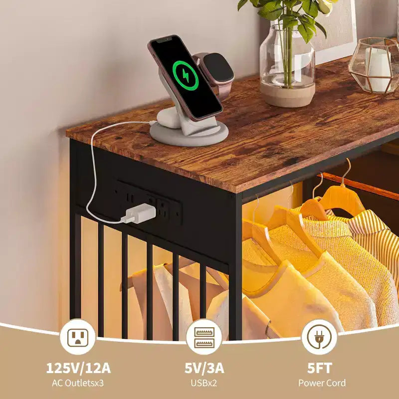 Comò a 6 cassetti con appendiabiti, Comò con stazione di ricarica e luci a LED, Comò per bambini con scarpiera, Cassettiera per camera da letto