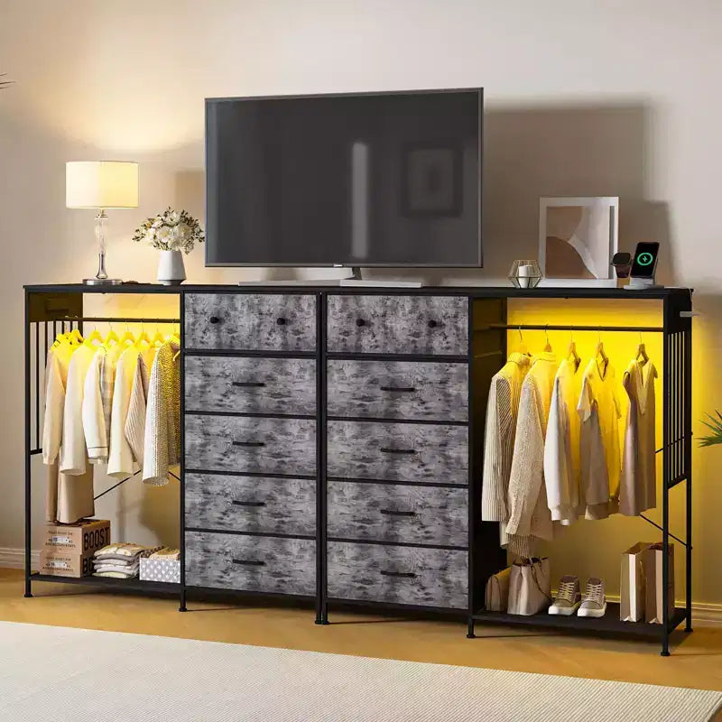 Comò a 6 cassetti con appendiabiti, Comò con stazione di ricarica e luci a LED, Comò per bambini con scarpiera, Cassettiera per camera da letto