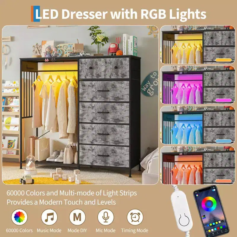 Comò a 6 cassetti con appendiabiti, Comò con stazione di ricarica e luci a LED, Comò per bambini con scarpiera, Cassettiera per camera da letto