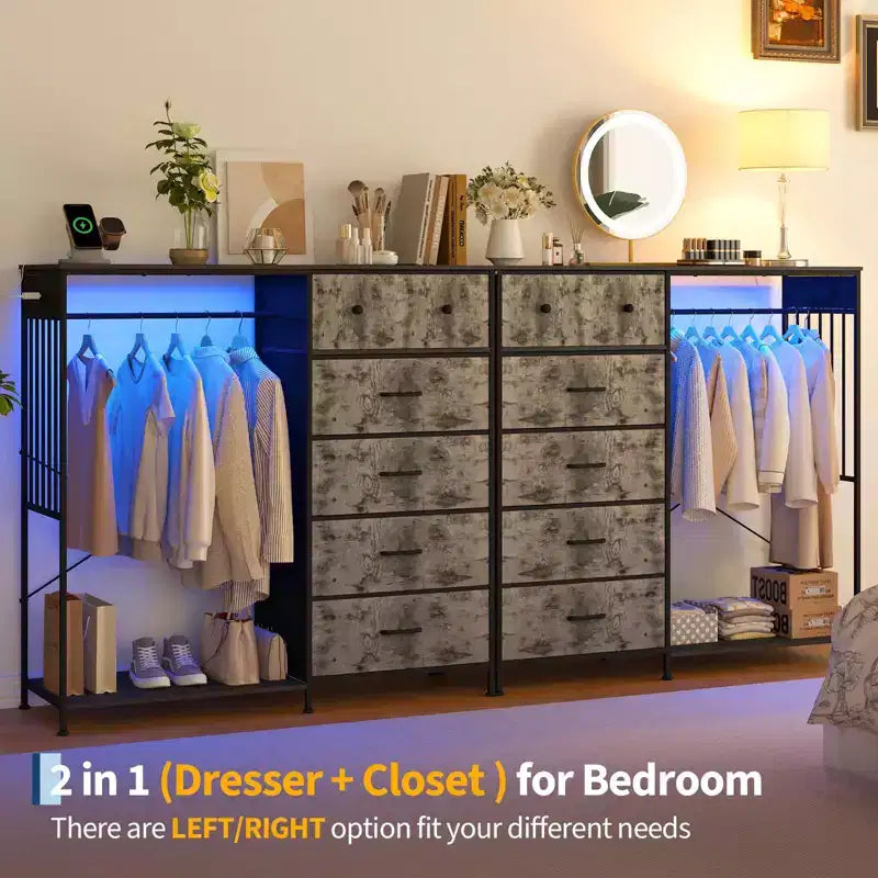 Comò a 6 cassetti con appendiabiti, Comò con stazione di ricarica e luci a LED, Comò per bambini con scarpiera, Cassettiera per camera da letto