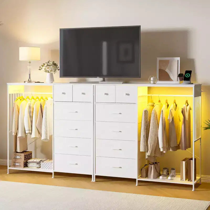 Comò a 6 cassetti con appendiabiti, Comò con stazione di ricarica e luci a LED, Comò per bambini con scarpiera, Cassettiera per camera da letto