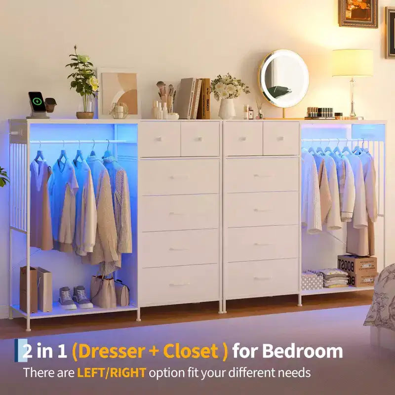 Comò a 6 cassetti con appendiabiti, Comò con stazione di ricarica e luci a LED, Comò per bambini con scarpiera, Cassettiera per camera da letto