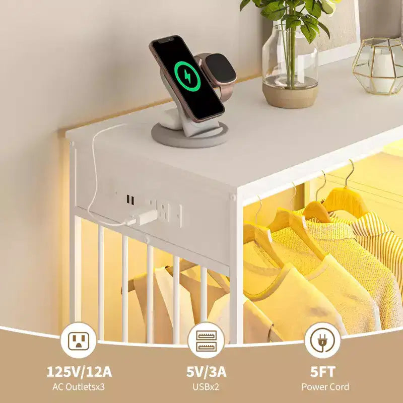 Comò a 6 cassetti con appendiabiti, Comò con stazione di ricarica e luci a LED, Comò per bambini con scarpiera, Cassettiera per camera da letto