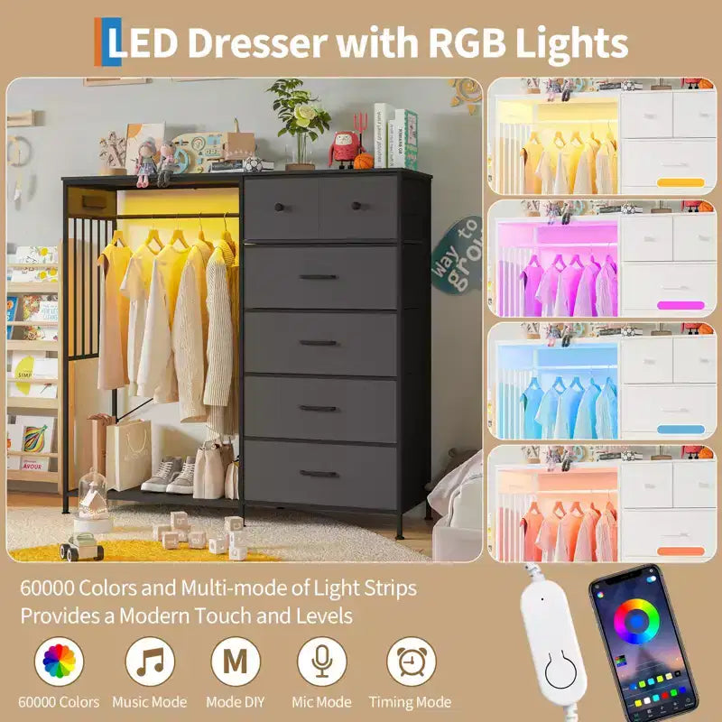Comò a 6 cassetti con appendiabiti, Comò con stazione di ricarica e luci a LED, Comò per bambini con scarpiera, Cassettiera per camera da letto