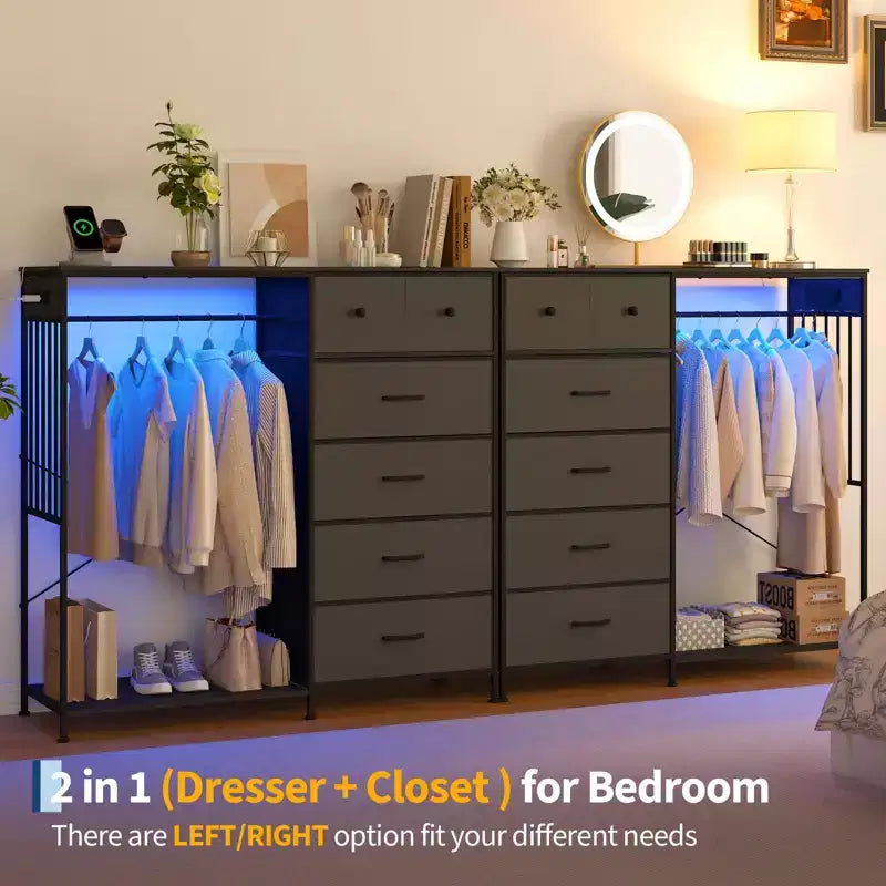 Comò a 6 cassetti con appendiabiti, Comò con stazione di ricarica e luci a LED, Comò per bambini con scarpiera, Cassettiera per camera da letto
