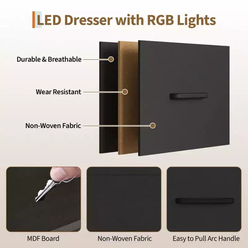 Comò a 6 cassetti con appendiabiti, Comò con stazione di ricarica e luci a LED, Comò per bambini con scarpiera, Cassettiera per camera da letto
