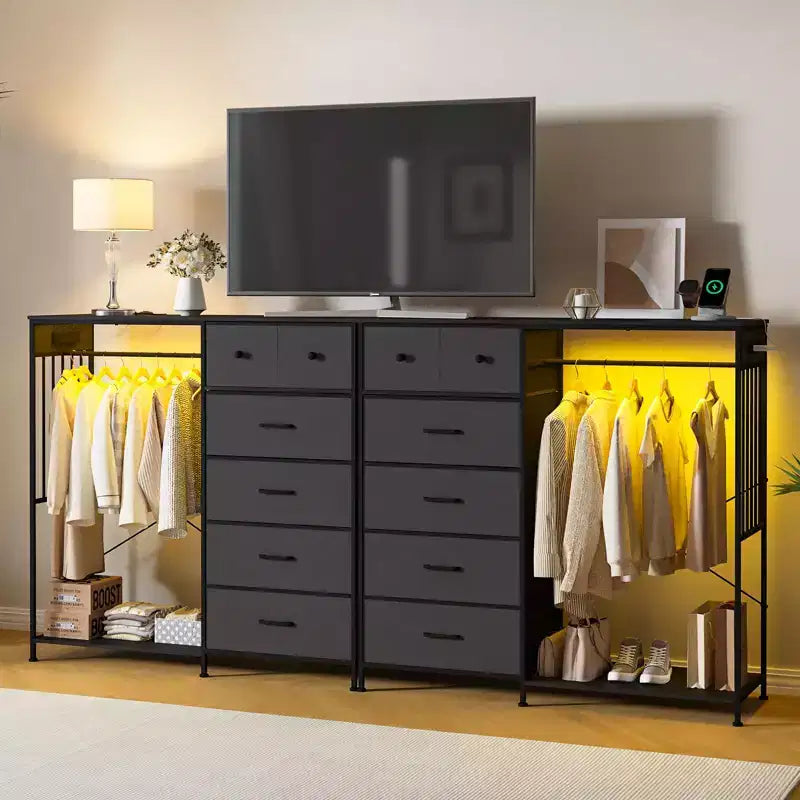 Comò a 6 cassetti con appendiabiti, Comò con stazione di ricarica e luci a LED, Comò per bambini con scarpiera, Cassettiera per camera da letto