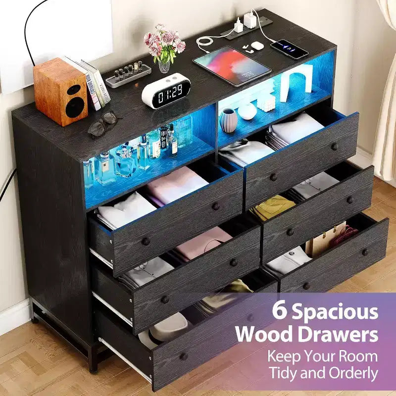 Cassettiera da camera in legno a 6 cassetti con ripiani aperti, 120 cm di larghezza, stazione di ricarica
