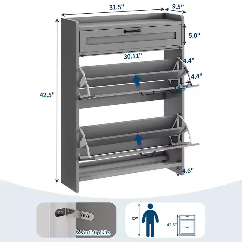 Scarpiera con 2 ante a ribalta e 1 cassetto superiore, Organizer per scarpe in legno con ripiano regolabile, Mobiletto autoportante per ingresso e soggiorno