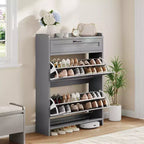 Scarpiera con 2 ante a ribalta e 1 cassetto superiore, Organizer per scarpe in legno con ripiano regolabile, Mobiletto autoportante per ingresso e soggiorno