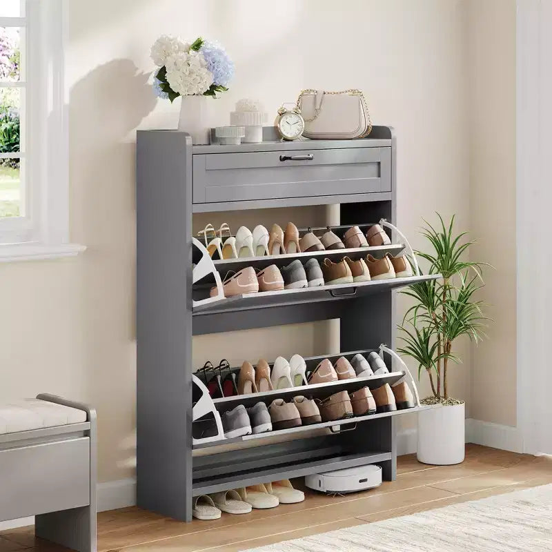 Scarpiera con 2 ante a ribalta e 1 cassetto superiore, Organizer per scarpe in legno con ripiano regolabile, Mobiletto autoportante per ingresso e soggiorno