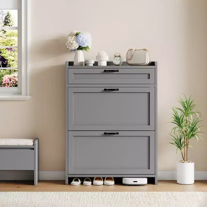 Scarpiera con 2 ante a ribalta e 1 cassetto superiore, Organizer per scarpe in legno con ripiano regolabile, Mobiletto autoportante per ingresso e soggiorno