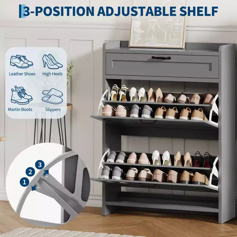 Scarpiera con 2 ante a ribalta e 1 cassetto superiore, Organizer per scarpe in legno con ripiano regolabile, Mobiletto autoportante per ingresso e soggiorno