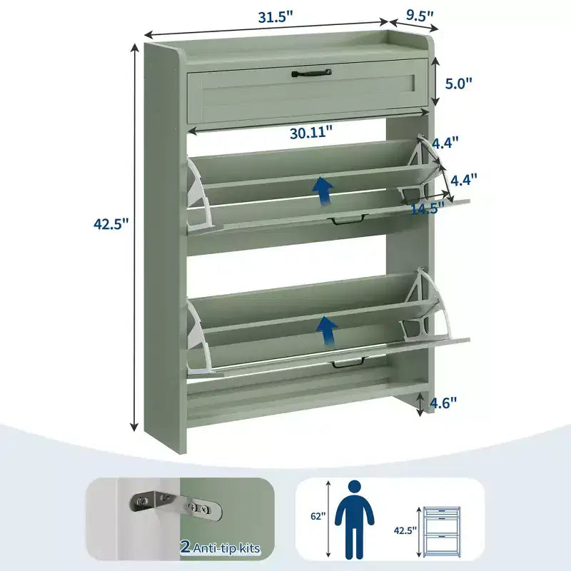 Scarpiera con 2 ante a ribalta e 1 cassetto superiore, Organizer per scarpe in legno con ripiano regolabile, Mobiletto autoportante per ingresso e soggiorno