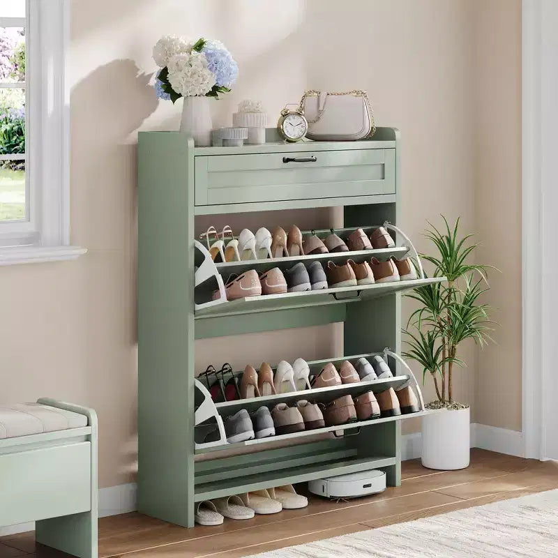 Scarpiera con 2 ante a ribalta e 1 cassetto superiore, Organizer per scarpe in legno con ripiano regolabile, Mobiletto autoportante per ingresso e soggiorno