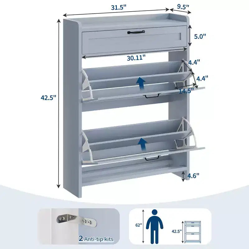 Scarpiera con 2 ante a ribalta e 1 cassetto superiore, Organizer per scarpe in legno con ripiano regolabile, Mobiletto autoportante per ingresso e soggiorno