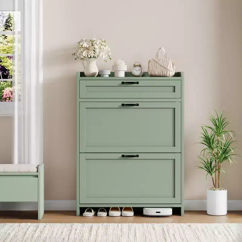 Scarpiera con 2 ante a ribalta e 1 cassetto superiore, Organizer per scarpe in legno con ripiano regolabile, Mobiletto autoportante per ingresso e soggiorno