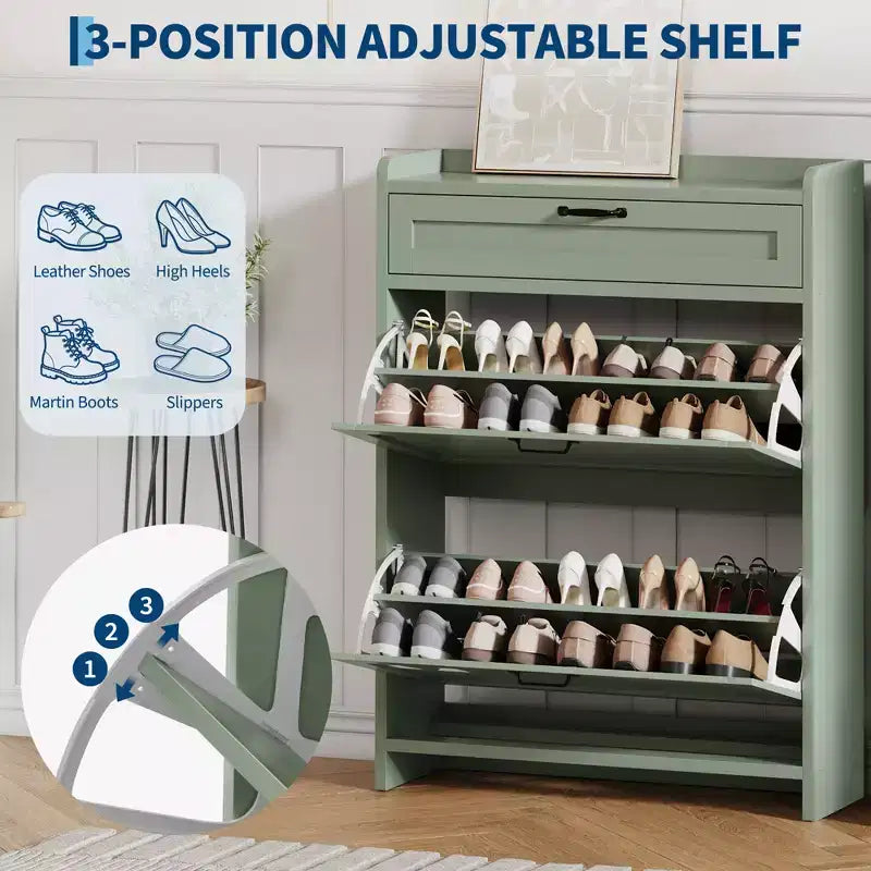 Scarpiera con 2 ante a ribalta e 1 cassetto superiore, Organizer per scarpe in legno con ripiano regolabile, Mobiletto autoportante per ingresso e soggiorno