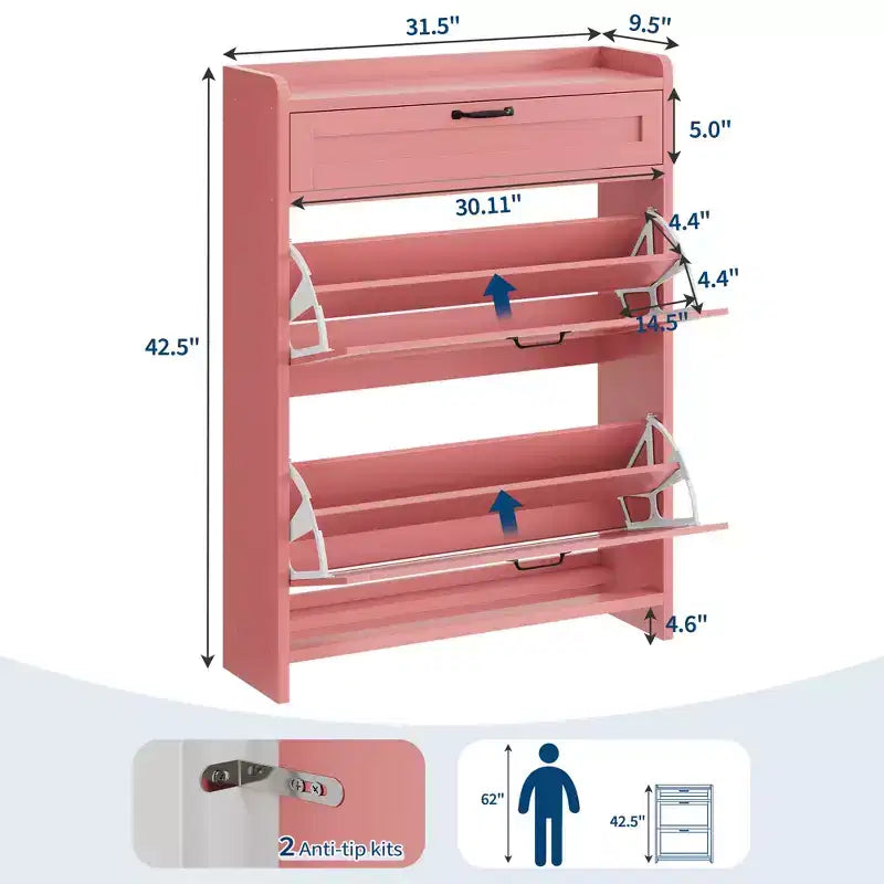 Scarpiera con 2 ante a ribalta e 1 cassetto superiore, Organizer per scarpe in legno con ripiano regolabile, Mobiletto autoportante per ingresso e soggiorno