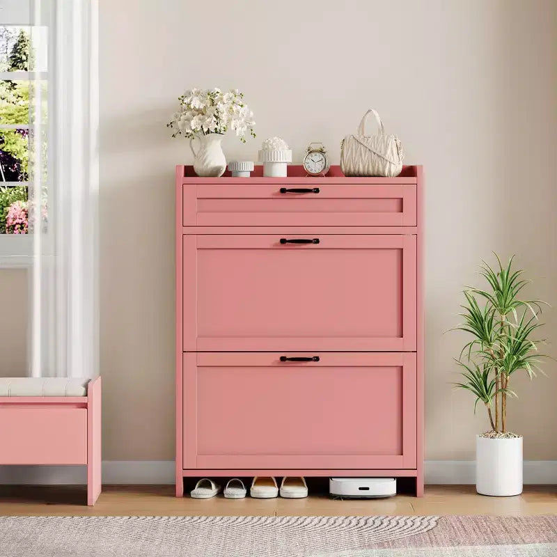Scarpiera con 2 ante a ribalta e 1 cassetto superiore, Organizer per scarpe in legno con ripiano regolabile, Mobiletto autoportante per ingresso e soggiorno