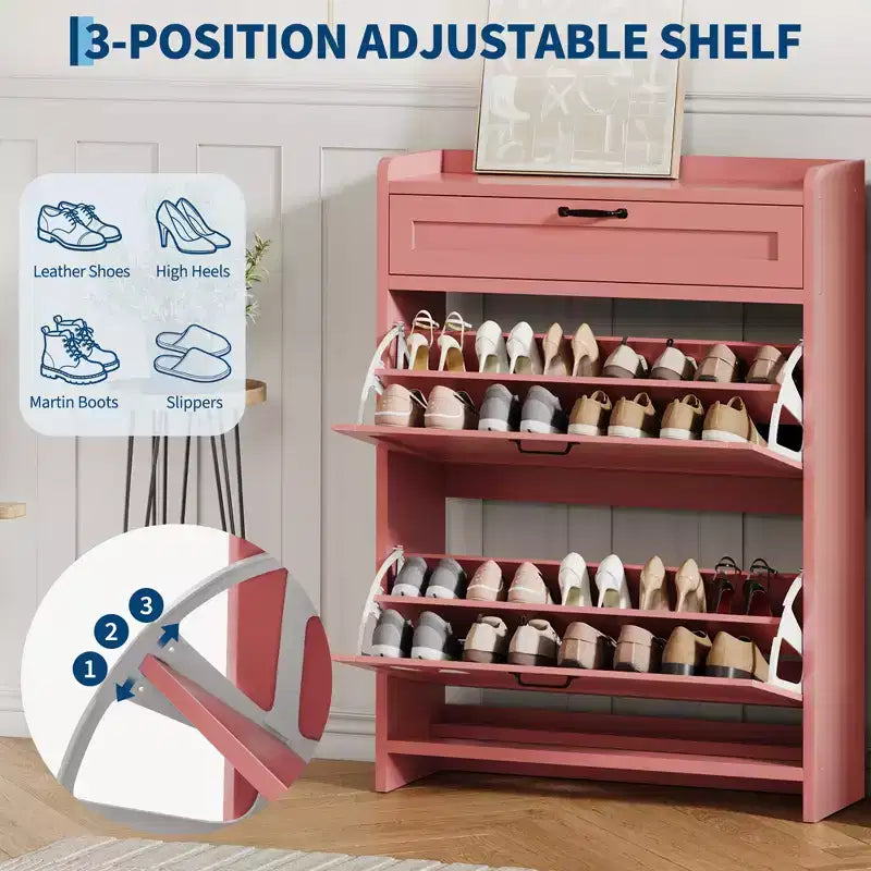 Scarpiera con 2 ante a ribalta e 1 cassetto superiore, Organizer per scarpe in legno con ripiano regolabile, Mobiletto autoportante per ingresso e soggiorno