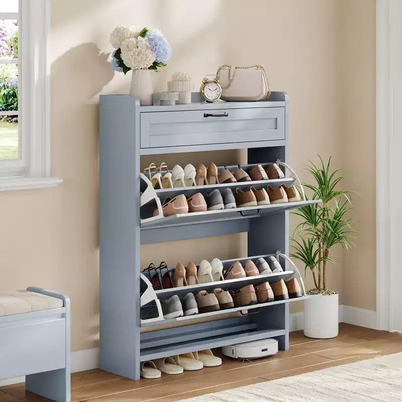 Scarpiera con 2 ante a ribalta e 1 cassetto superiore, Organizer per scarpe in legno con ripiano regolabile, Mobiletto autoportante per ingresso e soggiorno