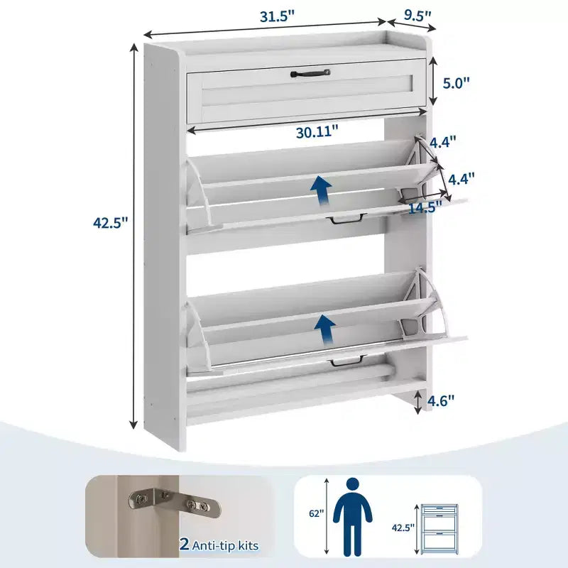 Scarpiera con 2 ante a ribalta e 1 cassetto superiore, Organizer per scarpe in legno con ripiano regolabile, Mobiletto autoportante per ingresso e soggiorno