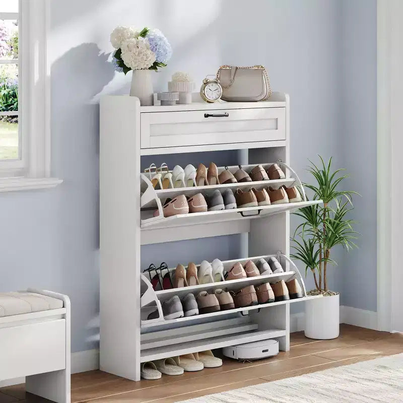 Scarpiera con 2 ante a ribalta e 1 cassetto superiore, Organizer per scarpe in legno con ripiano regolabile, Mobiletto autoportante per ingresso e soggiorno