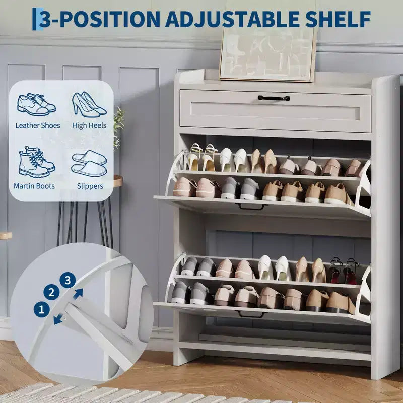 Scarpiera con 2 ante a ribalta e 1 cassetto superiore, Organizer per scarpe in legno con ripiano regolabile, Mobiletto autoportante per ingresso e soggiorno