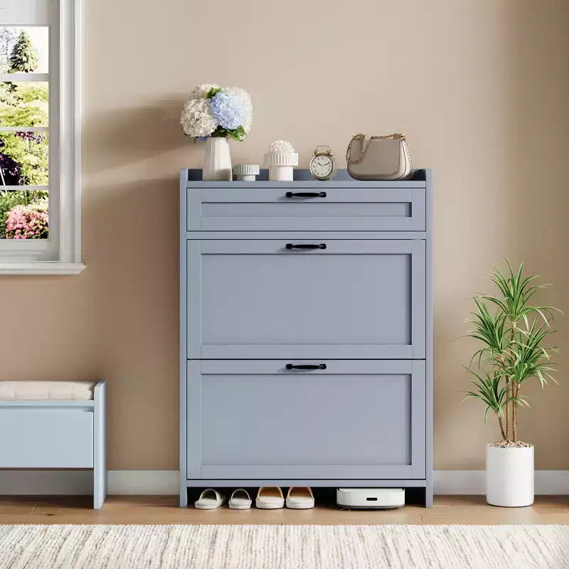 Scarpiera con 2 ante a ribalta e 1 cassetto superiore, Organizer per scarpe in legno con ripiano regolabile, Mobiletto autoportante per ingresso e soggiorno