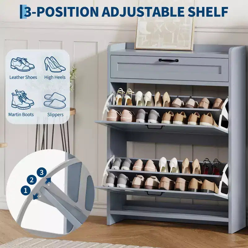 Scarpiera con 2 ante a ribalta e 1 cassetto superiore, Organizer per scarpe in legno con ripiano regolabile, Mobiletto autoportante per ingresso e soggiorno